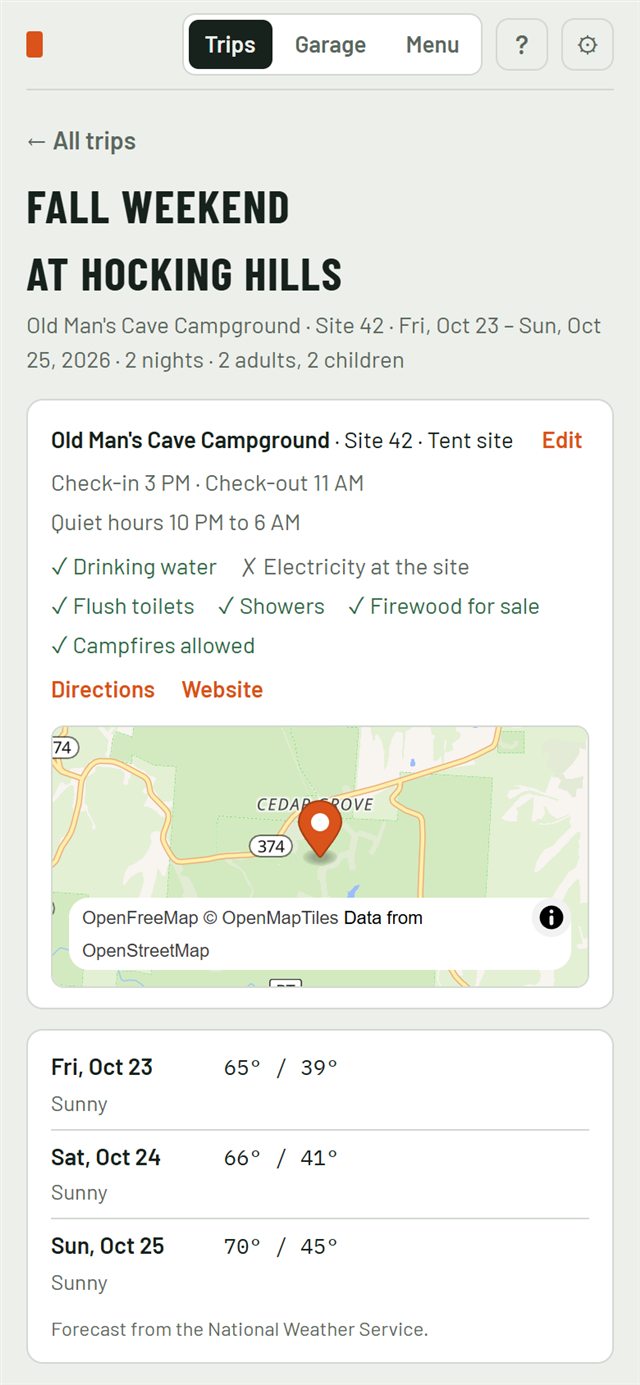 Camp Planner on a phone, showing a fall weekend at Old Man's Cave Campground with check-in times and site details