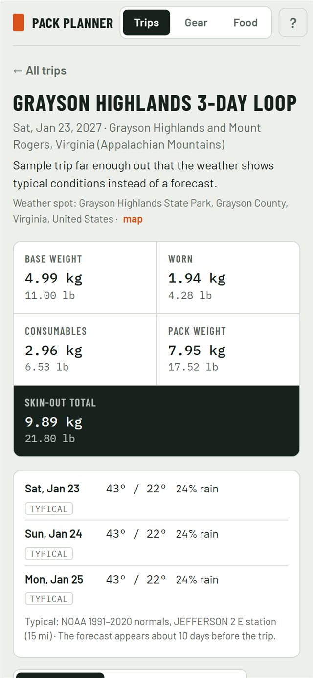 Pack Planner on a phone, showing a three-day trip with base weight 11.00 lb and pack weight 17.52 lb